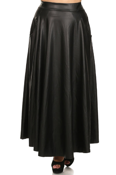 Women Faux leather, high waisted, full length, flared, skirt with pockets.