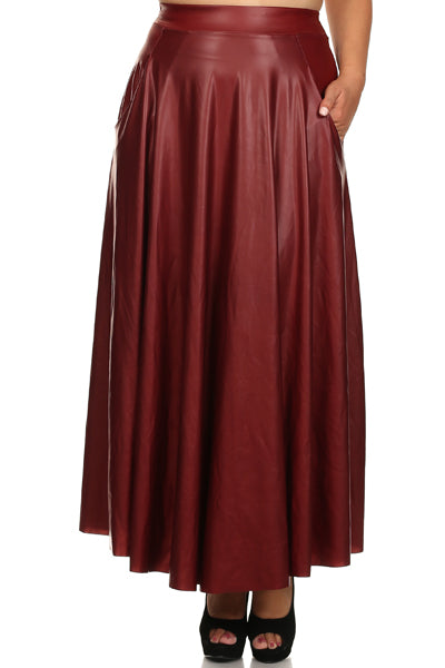 Women Faux leather, high waisted, full length, flared, skirt with pockets.