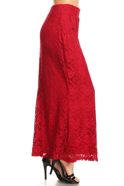 Women Lace A-line maxi skirt with banded waist and zipper closure at back. FULLY LINED