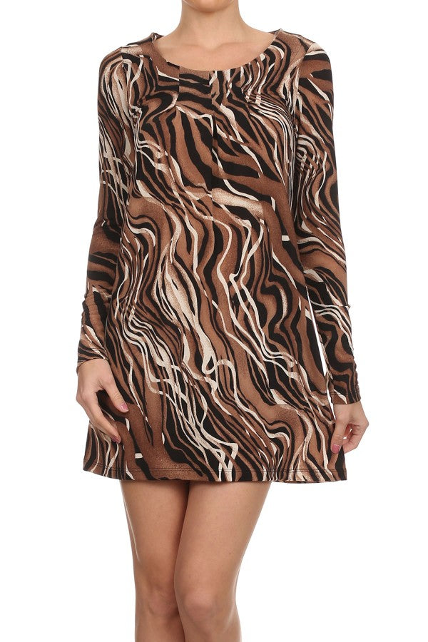 Women Abstract print Long Sleeves Scoop Neck Mini Dress