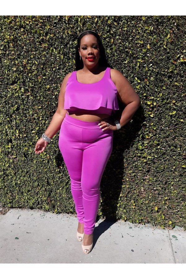 Plus Size Women Ruffle Crop Top & Pants Set