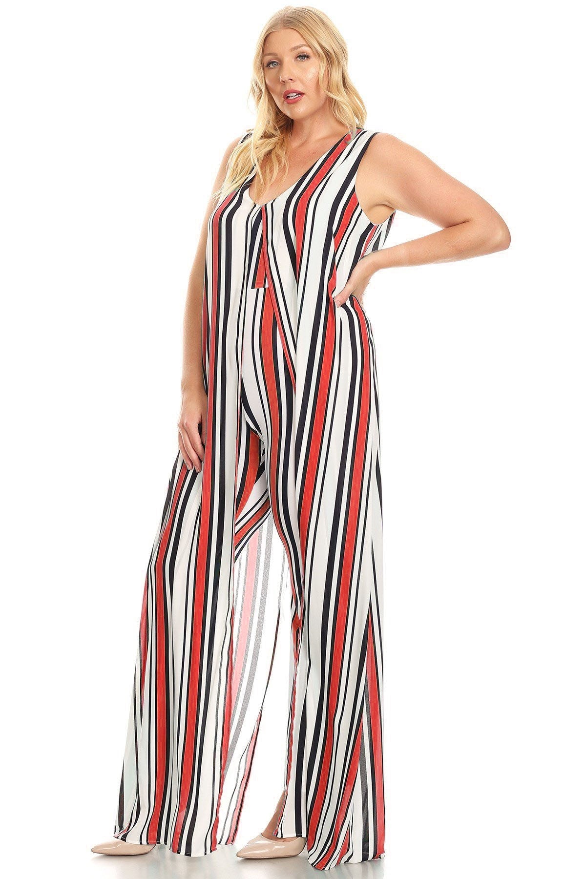 Plus Size Stripe Print Sleeveless Split Layer Caped Jumpsuit