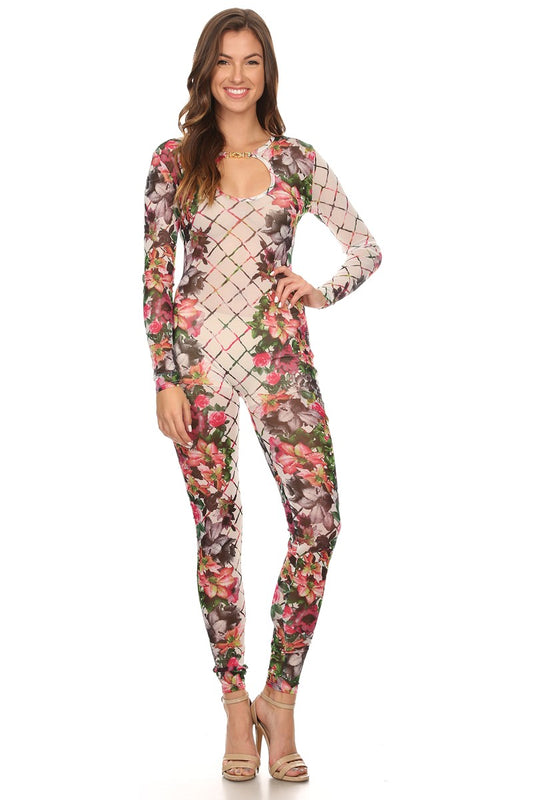 Women Floral Print Long Sleeve Fit Jumpsuit Front Cutout Detailing