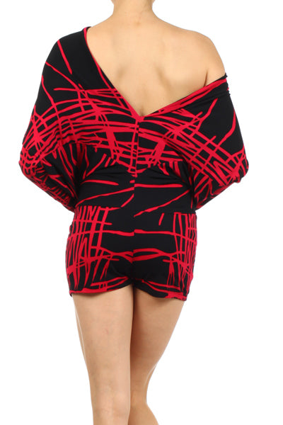 Women Long Dolman Sleeve Abstract scribble print Knit Romper