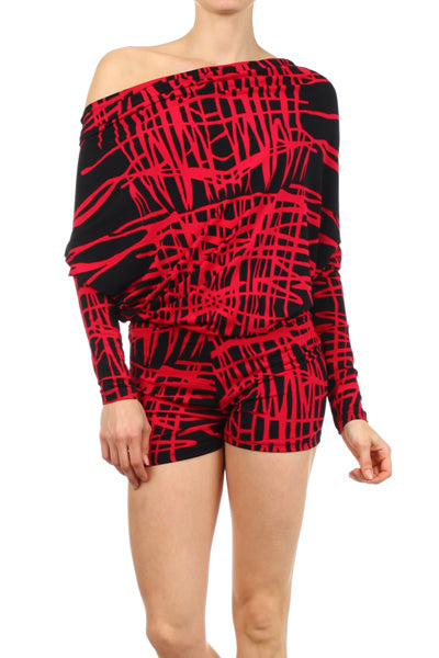 Women Long Dolman Sleeve Abstract scribble print Knit Romper