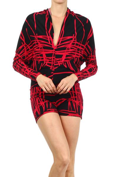 Women Long Dolman Sleeve Abstract scribble print Knit Romper