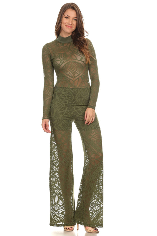 Women Long Sleeves Mock Neck Patterned Crochet Knit Jumpsuit with Wide Cut Bottom, Zipper Closure at Back and Partial Lining Detail