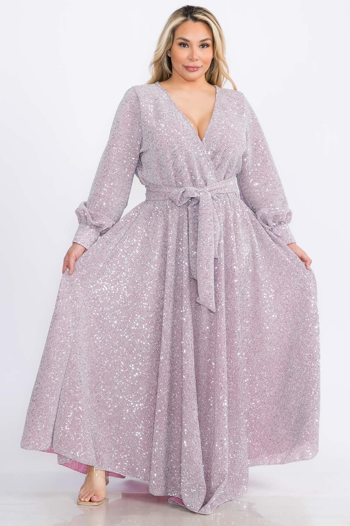 1050SQ PLUS Size Women Bishop Long Sleeve Shimmer Warp Flare Maxi Dresses