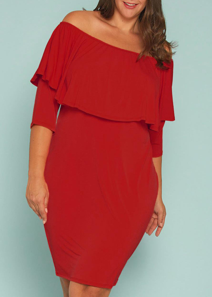 Plus Size Off Shoulder Ruffle Knee Bodycon Dress Made in USA