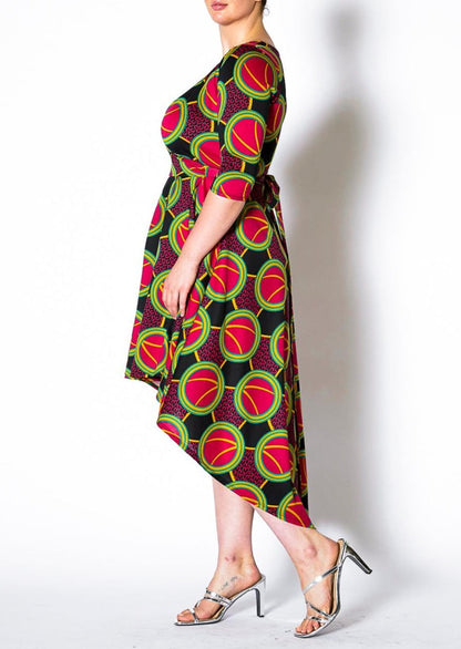 Hi Curvy Plus Size Women Multi Print Hi-Lo Wrap Midi Dress Made In USA