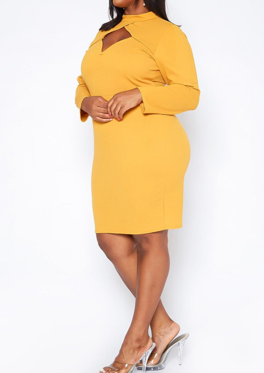 HI CURVY Plus Size Keyhole Front Long Sleeve Mini Dress