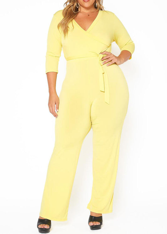 Plus Size 3/4 Sleeves Fancy knit Waist tie Jumpsuit