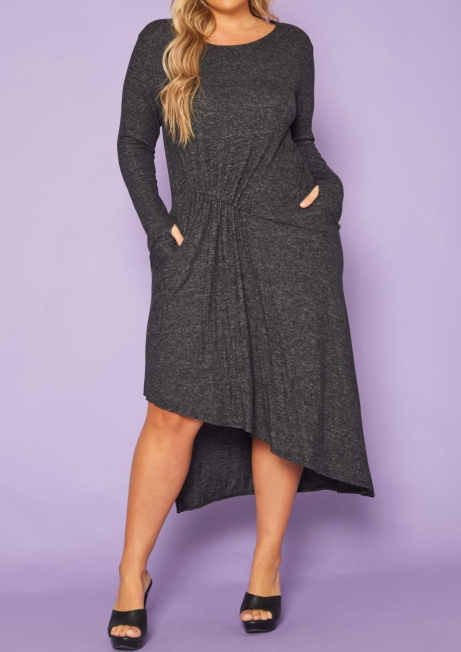 HI CURVY Plus Size Asymmetric Long Sleeve Midi Dress