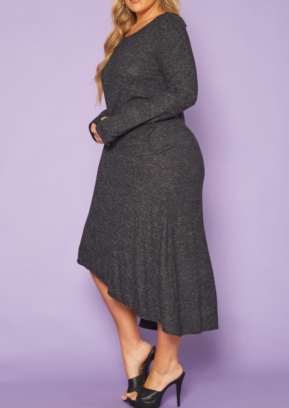 HI CURVY Plus Size Asymmetric Long Sleeve Midi Dress