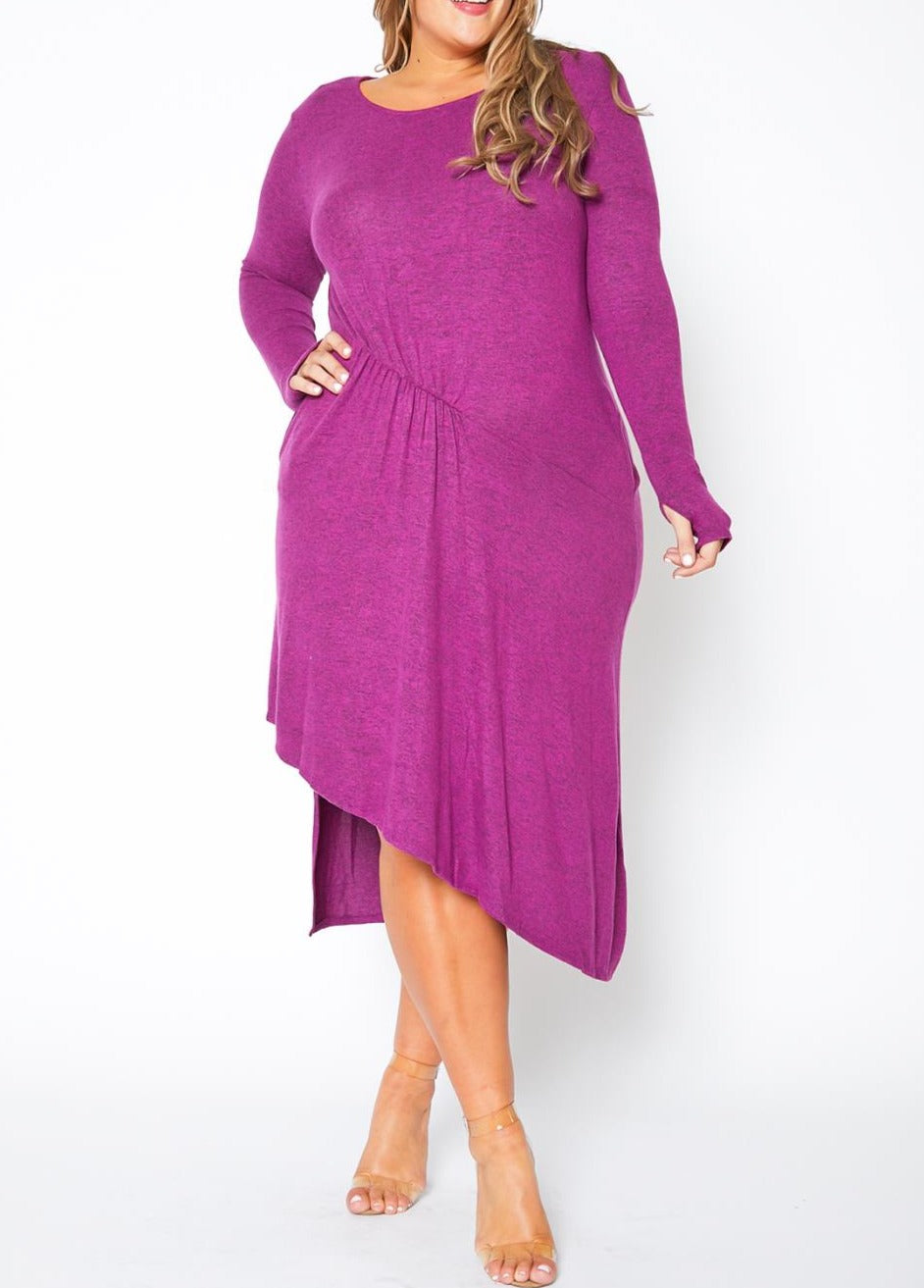 HI CURVY Plus Size Asymmetric Long Sleeve Midi Dress