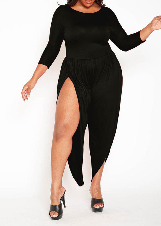 HI Curvy Plus Size Basic Slit Leg Hem Harem Jumpsuit