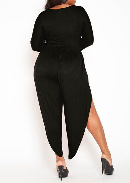 HI Curvy Plus Size Basic Slit Leg Hem Harem Jumpsuit