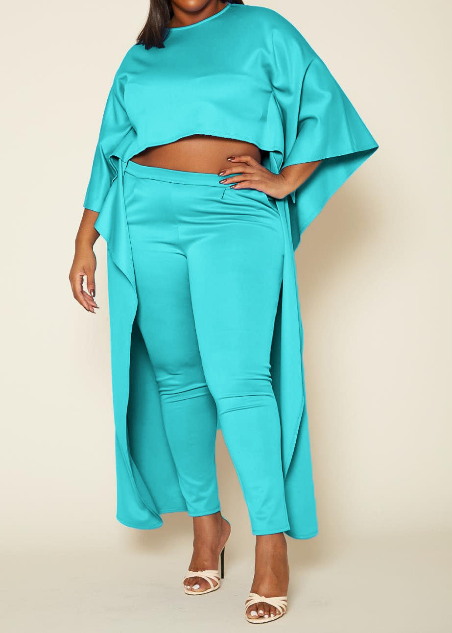 HI CURVY Plus Size Maxi Cape Crop Top & Fitted Pants Set