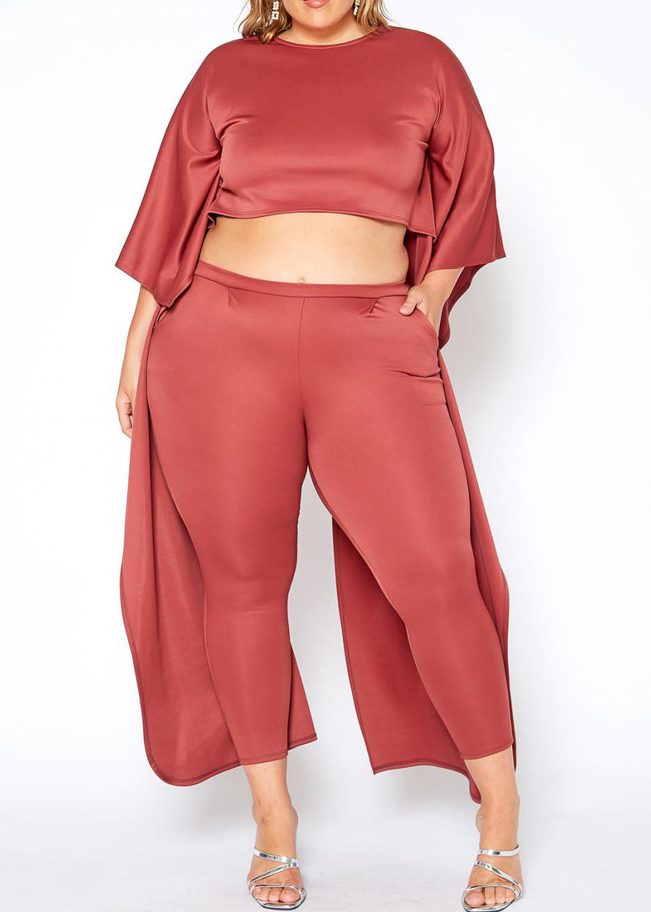 HI CURVY Plus Size Maxi Cape Crop Top & Fitted Pants Set