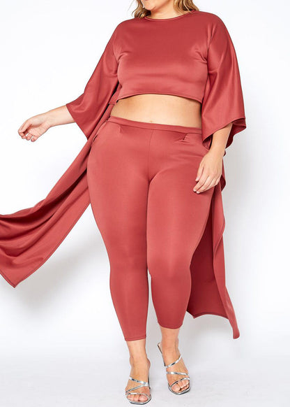 HI CURVY Plus Size Maxi Cape Crop Top & Fitted Pants Set