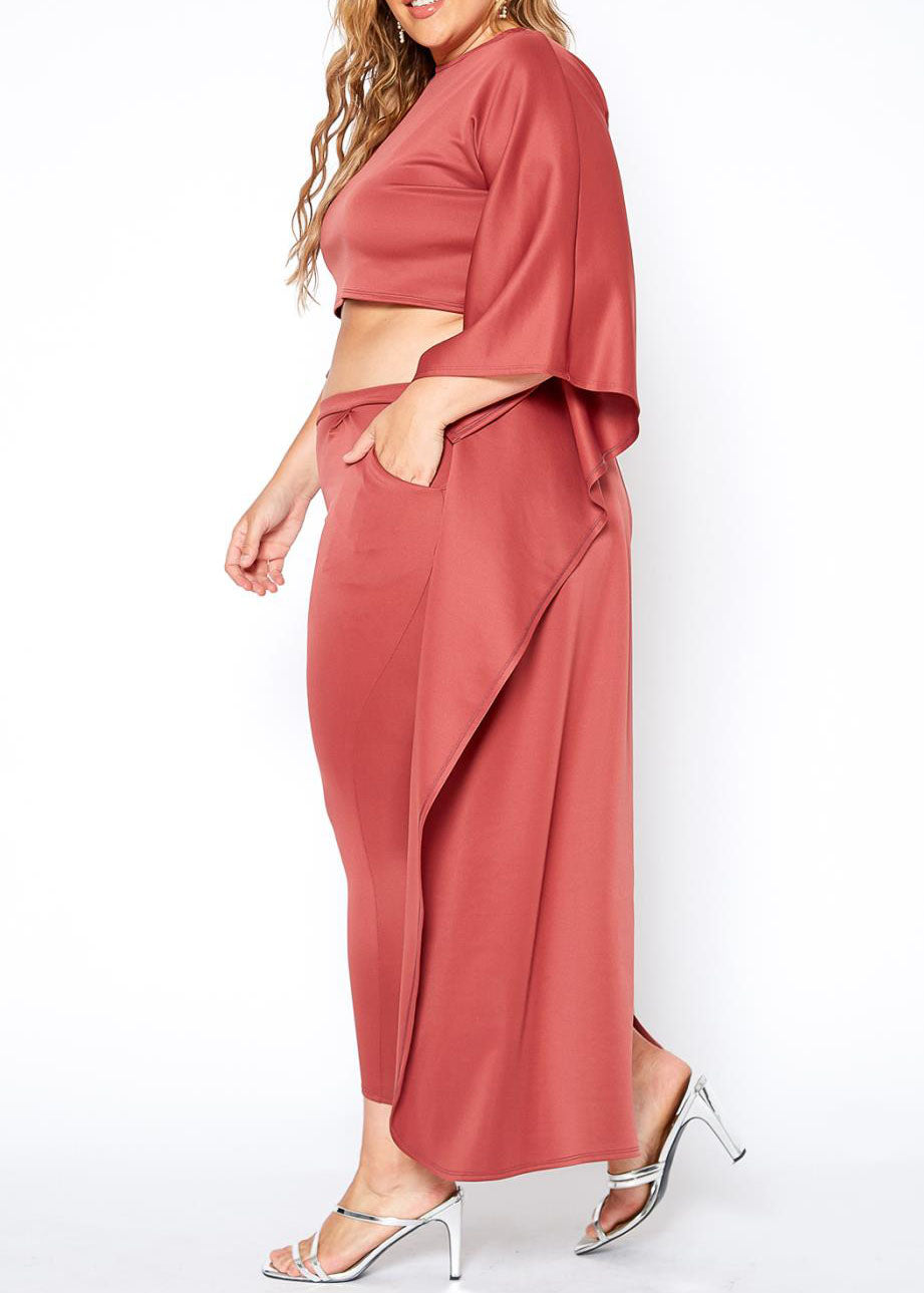 HI CURVY Plus Size Maxi Cape Crop Top & Fitted Pants Set