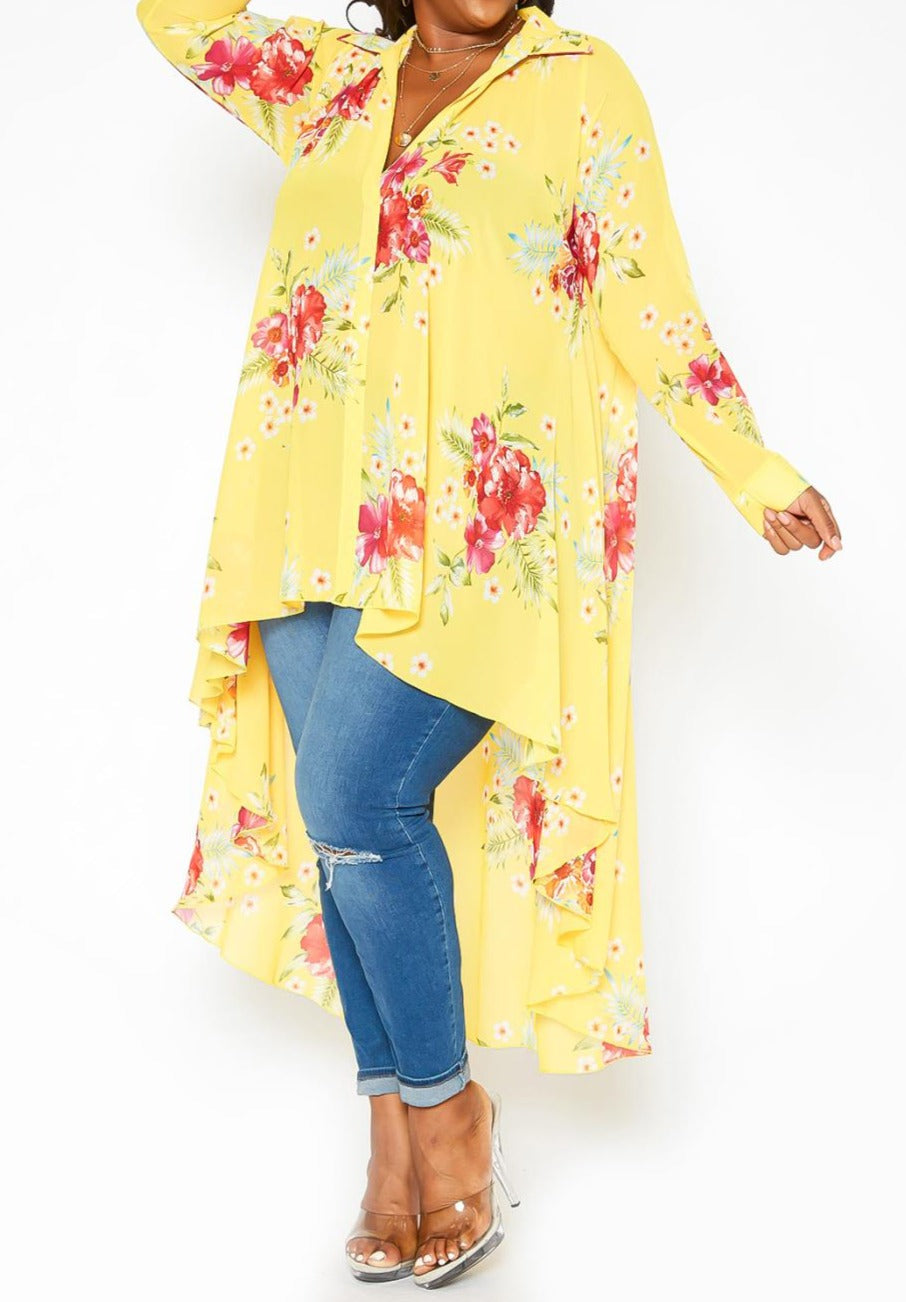 HI CURVY Plus Size Floral Print High Low Collar Cardigan