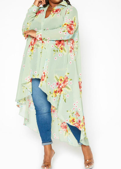 HI CURVY Plus Size Floral Print High Low Collar Cardigan