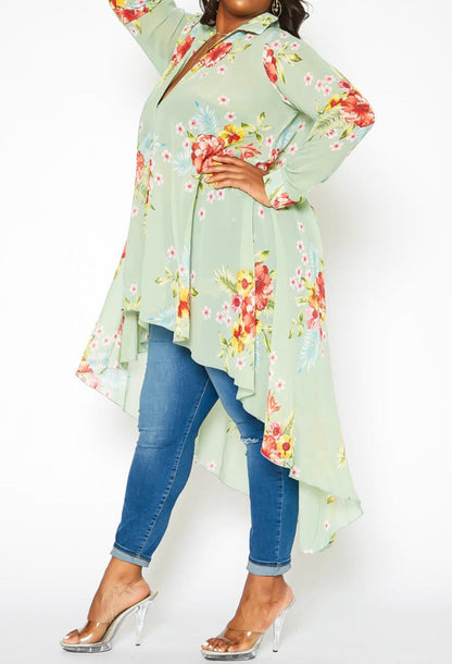 HI CURVY Plus Size Floral Print High Low Collar Cardigan