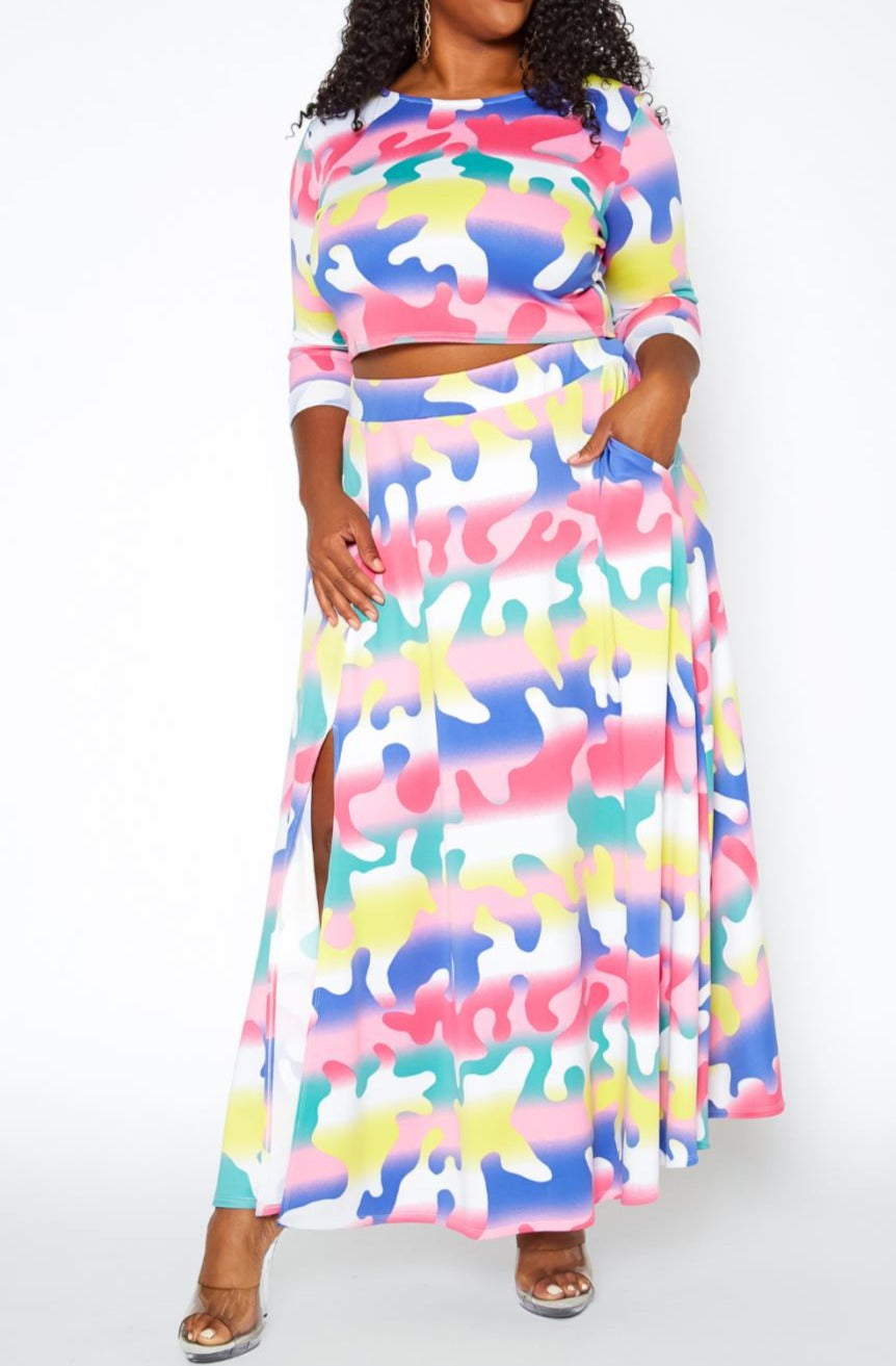 Hi Curvy Plus Size Women Colorful Camo Print Two Piece Set Made in USA