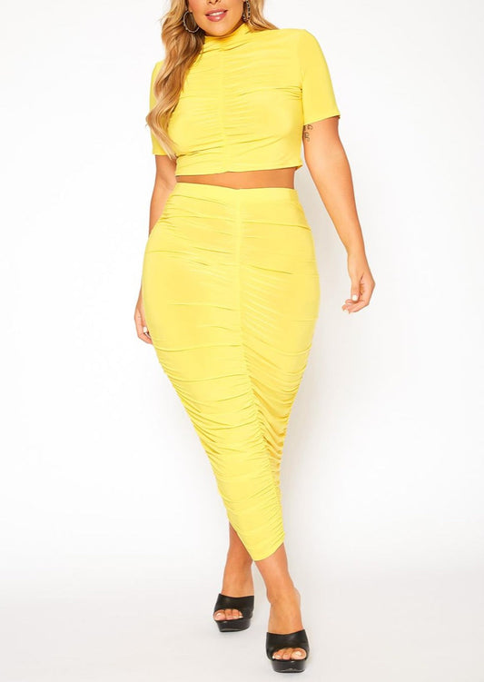 HI Curvy Plus Size Women Ruched Mock Neck Top & Maxi Skirt Sets