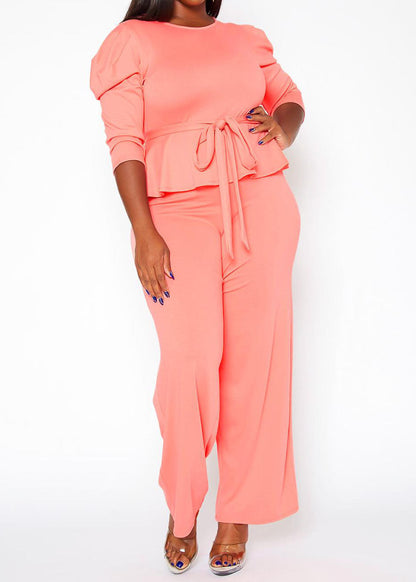 HI Curvy Plus Size Women Solid Peplum Top & Straight Pants Set Made in USA