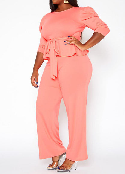 HI Curvy Plus Size Women Solid Peplum Top & Straight Pants Set Made in USA