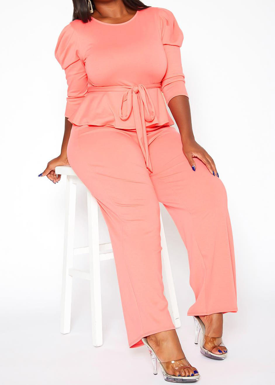 HI Curvy Plus Size Women Solid Peplum Top & Straight Pants Set Made in USA