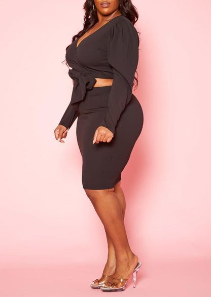 Plus Size Women Long Sleeve Wrap Blouse & Pencil Skirt Set