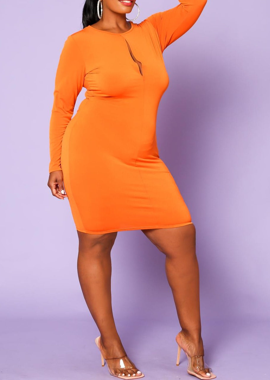 Hi Curvy Plus Size Women Keyhole Long Sleeve Bodycon Dress