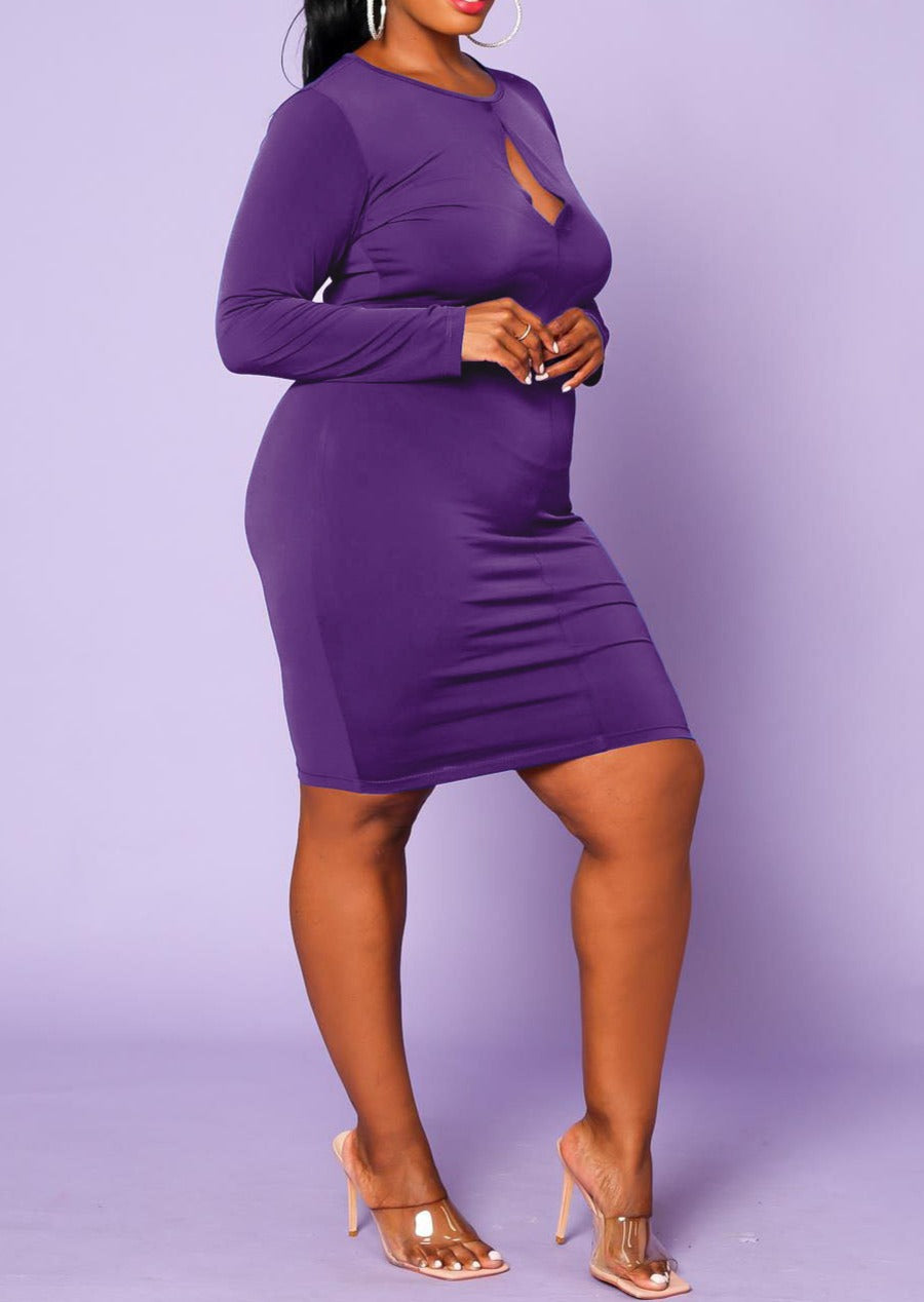 Hi Curvy Plus Size Women Keyhole Long Sleeve Bodycon Dress