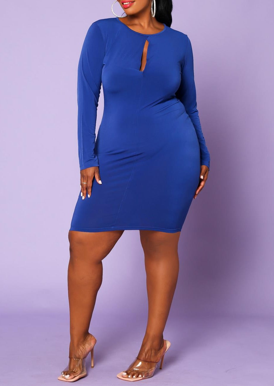 Hi Curvy Plus Size Women Keyhole Long Sleeve Bodycon Dress