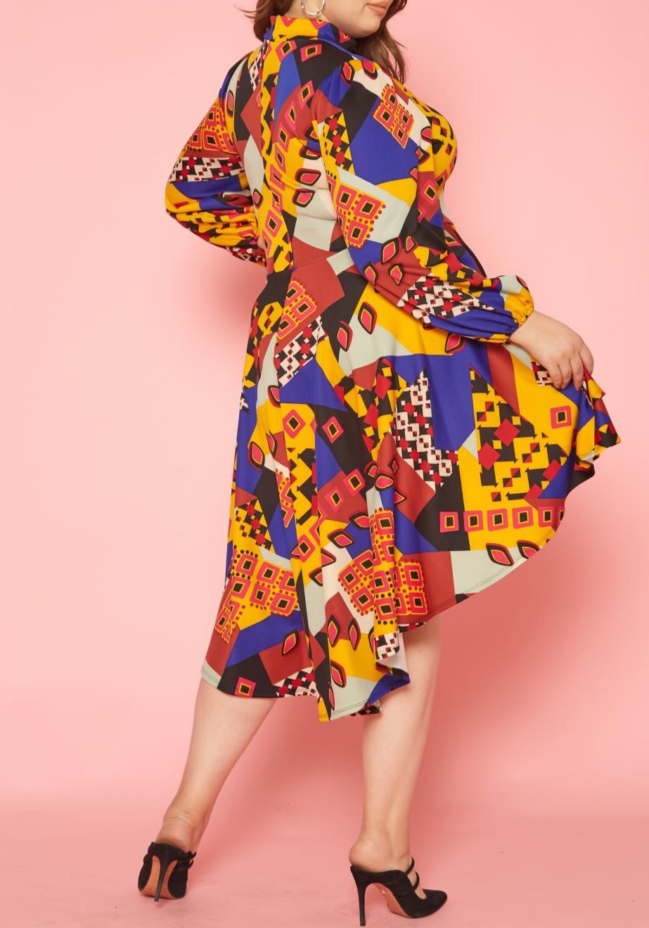 Plus Size Geo Print High To Low Flare Dress Made in USA