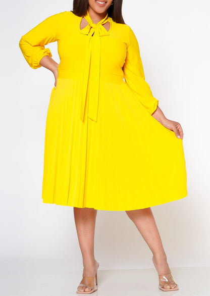 Hi Curvy Plus Size Bow Collar Pleated Fit & Flare Dress