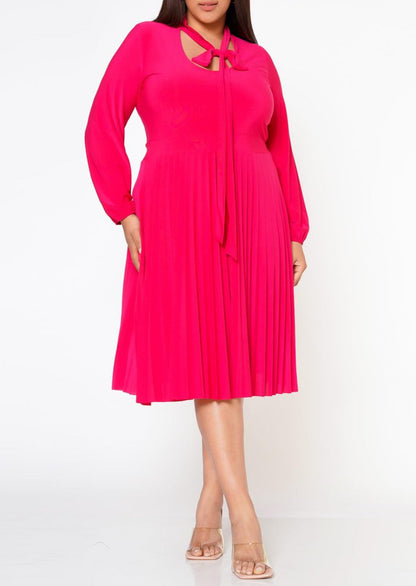 Hi Curvy Plus Size Bow Collar Pleated Fit & Flare Dress