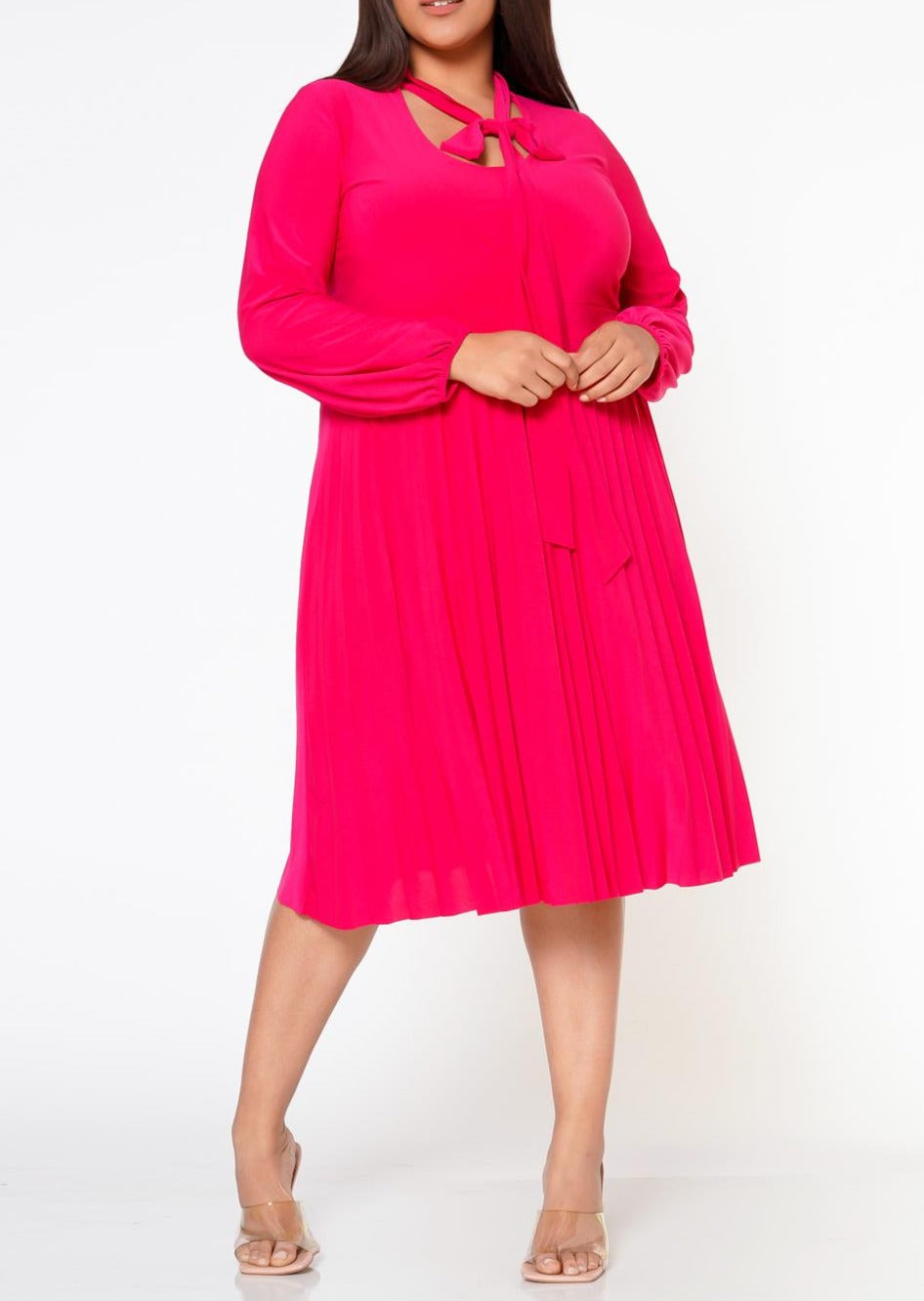 Hi Curvy Plus Size Bow Collar Pleated Fit & Flare Dress