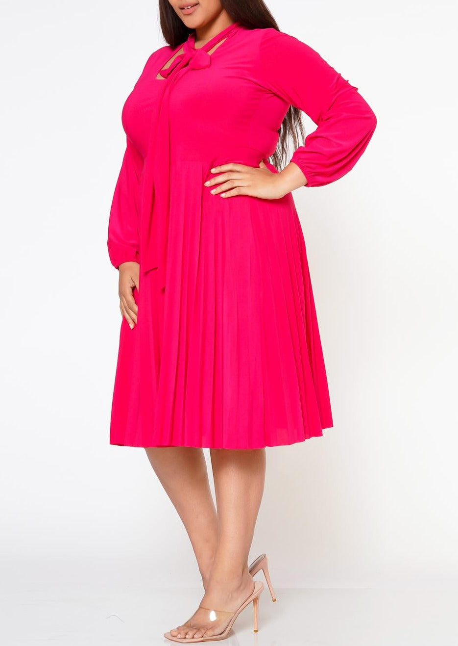 Viva Curvy Plus Size Bow Collar Pleated Fit & Flare Dress