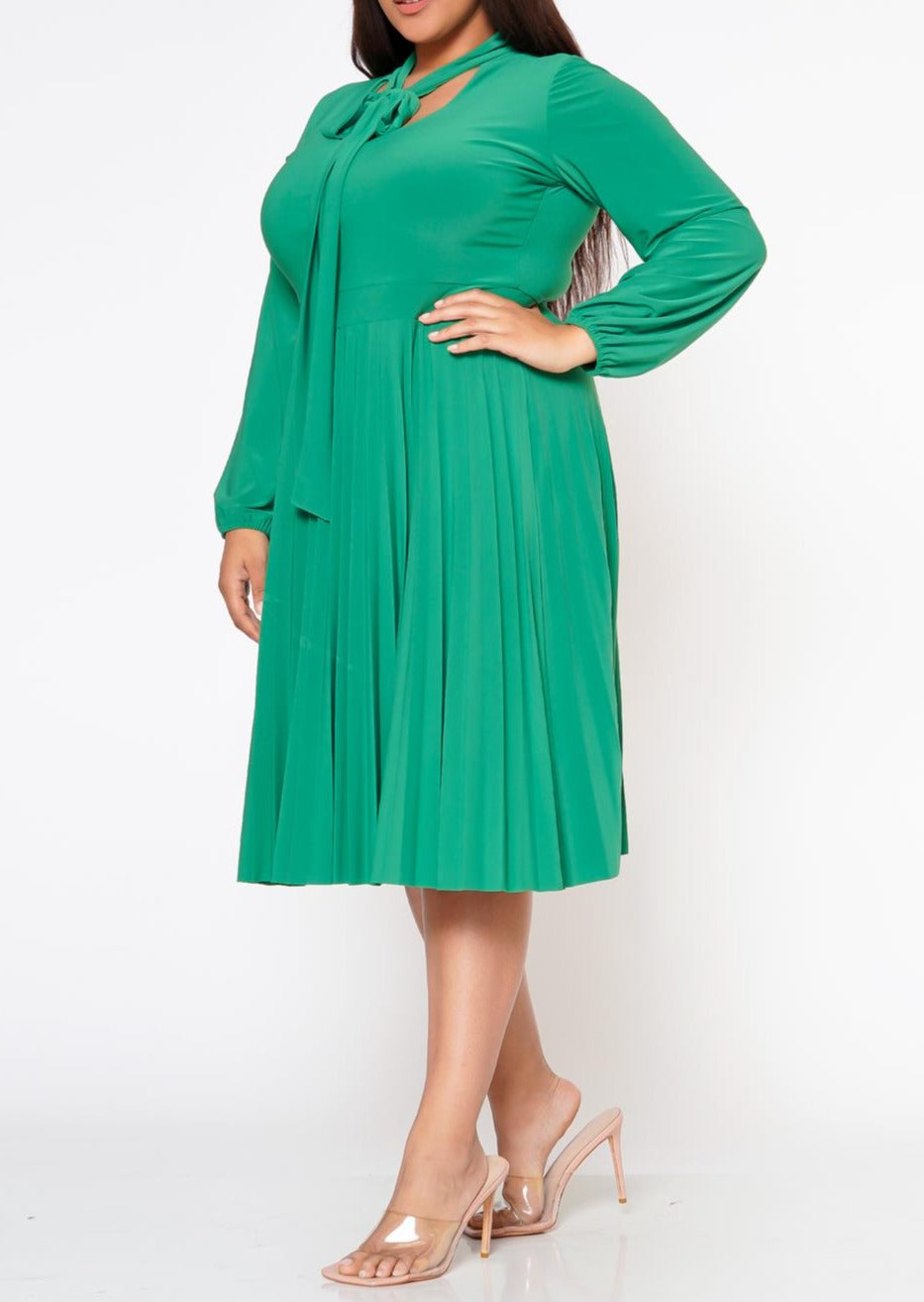 Viva Curvy Plus Size Bow Collar Pleated Fit & Flare Dress