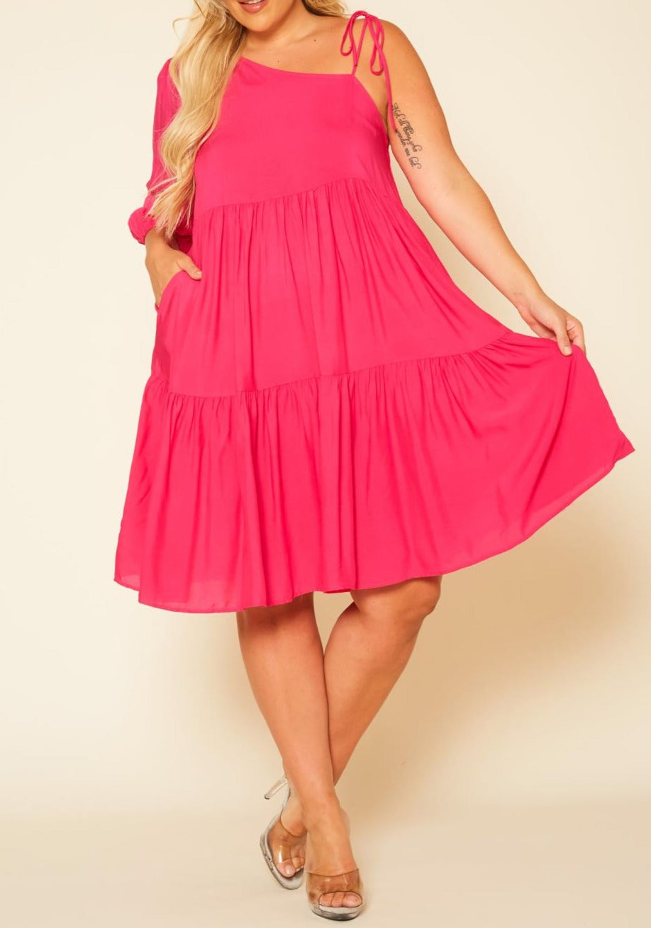 Curvy Plus Size One Sleeve Ruffle Flare Knee Dress made in USA