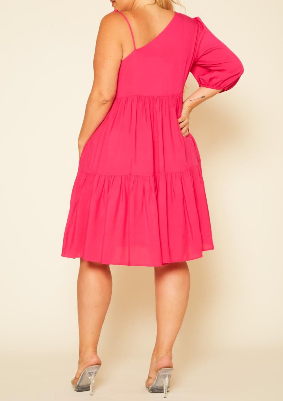 Curvy Plus Size One Sleeve Ruffle Flare Knee Dress made in USA