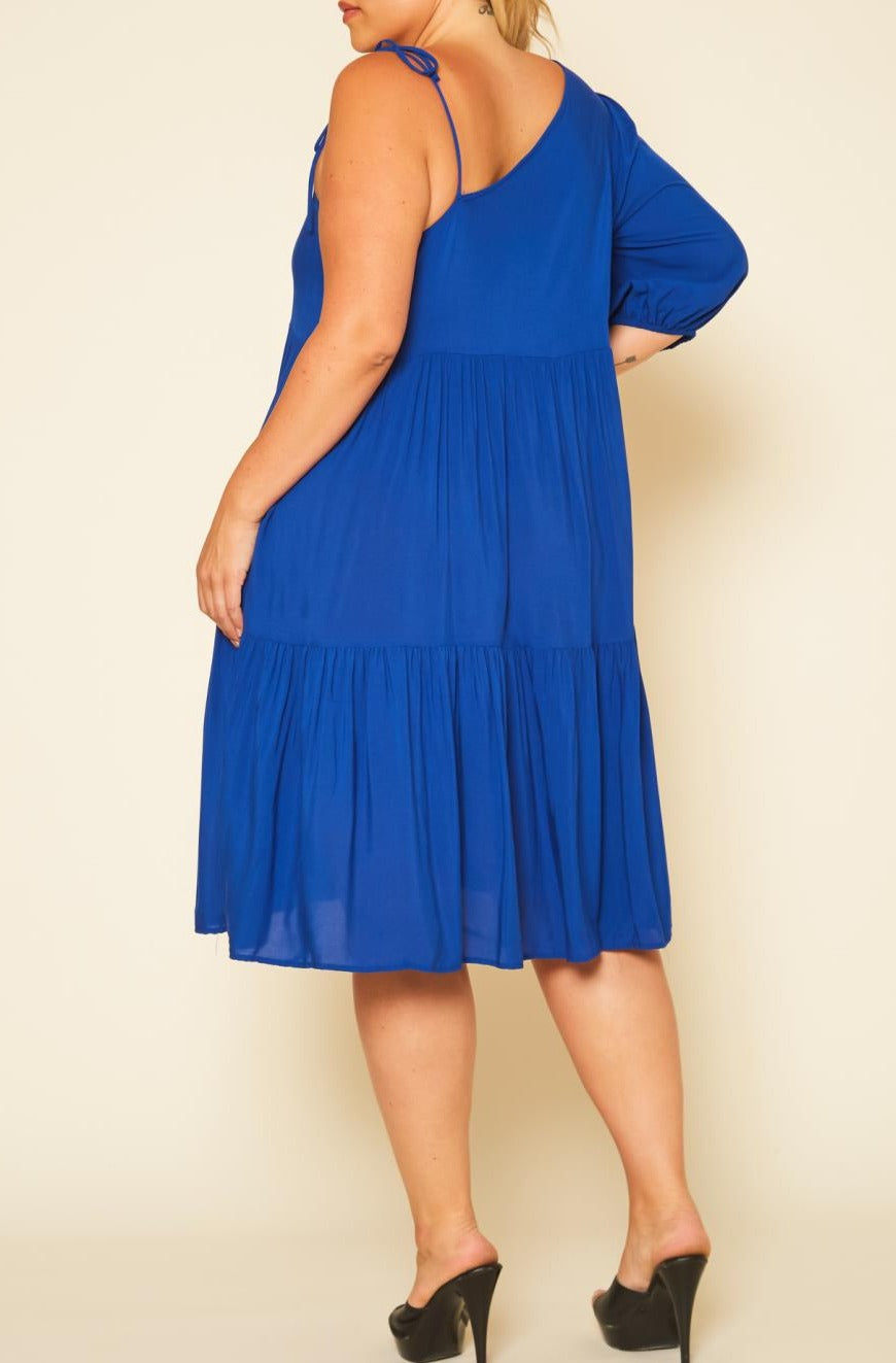 Curvy Plus Size One Sleeve Ruffle Flare Knee Dress made in USA