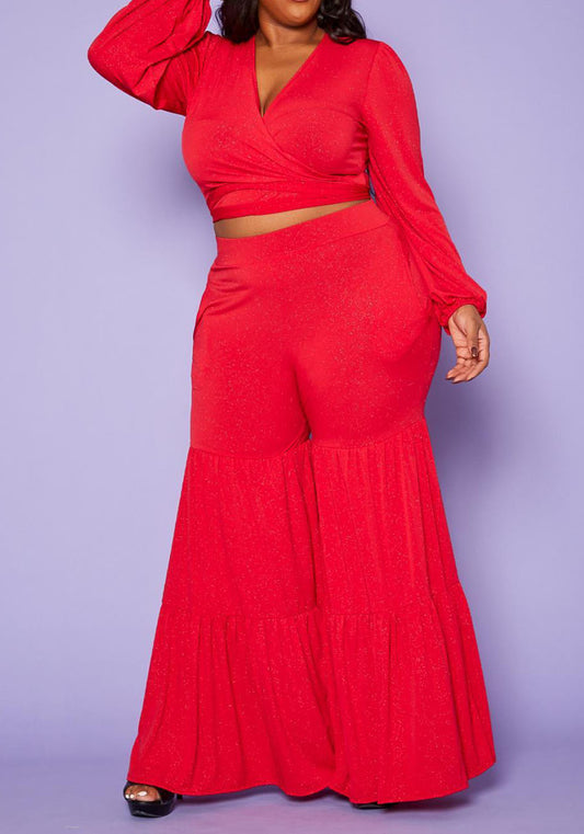 HI Curvy Plus Size Women Wrap Crop Top & Bell Flare Pants