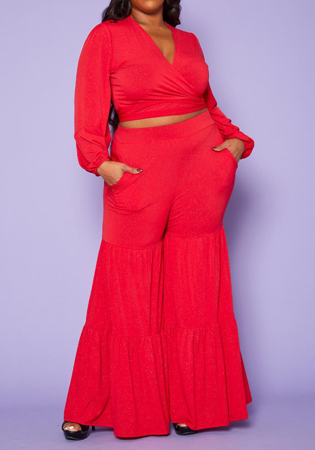 HI Curvy Plus Size Women Wrap Crop Top & Bell Flare Pants