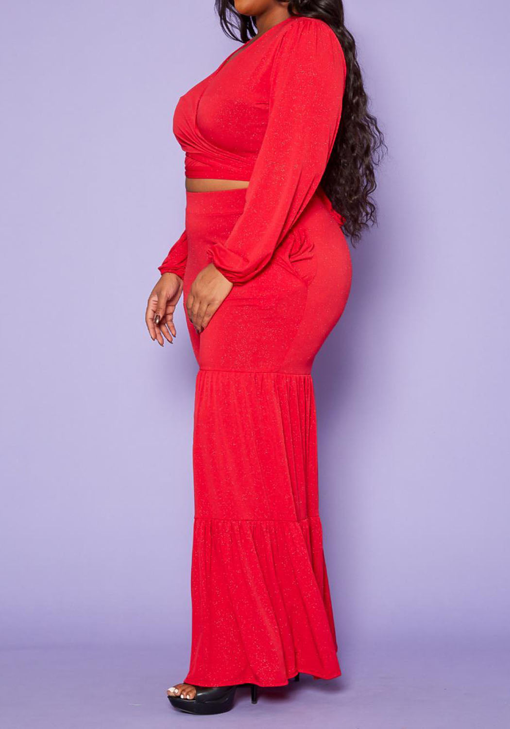 HI Curvy Plus Size Women Wrap Crop Top & Bell Flare Pants