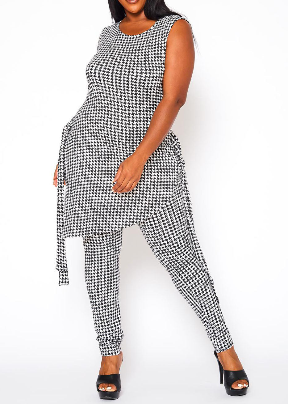 Hi curvy Plus Size Women Houndstooth Print Sleeveless Two Piece Set